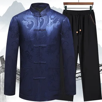 Китайский Винтажный плюс РАЗМЕР, Одежда Kong Fu, принт Дракона, Традиционный Костюм эпохи Тан с длинным рукавом, воротник-стойка, Повседневное пальто и брюки