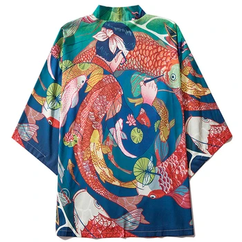 Летняя куртка-кимоно в японском традиционном стиле Карп Хаори, Рубашка, Мужской Женский Кардиган, Рубашки-Юката, Мужская пляжная одежда 2021