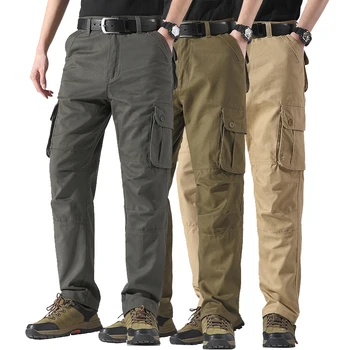 Мужские Брюки-карго с несколькими карманами, Тактические военные камуфлированные осенние мужские комбинезоны свободного кроя, Хлопковые рабочие брюки большого размера