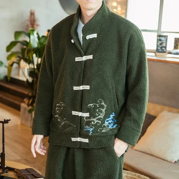 Новейшее мужское пальто из ягненка, Модифицированный китайский стиль, традиционная куртка с пряжкой Hanfu, мужская Зимняя Свободная Куртка с волнистой вышивкой, топ