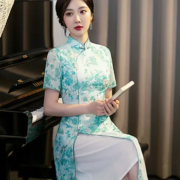 Летнее Зеленое 2023 Aodai Maxi Элегантное Ципао, Современное Улучшенное Китайское Традиционное Вечернее Платье для Банкета, Китайское Традиционное Вечернее Платье для женщин