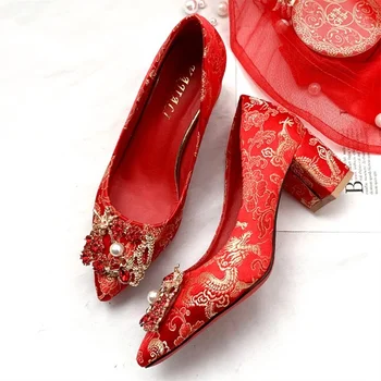 Свадебные туфли женские 2023, новый стиль, свадебные туфли на толстом каблуке, китайские красные свадебные туфли для беременных на низком каблуке