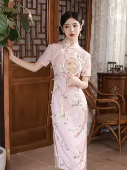 Женское Сексуальное Платье Qipao с коротким рукавом, Винтажное розовое платье с цветочным принтом, Китайский Традиционный Чонсам