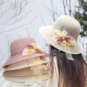 Летние шляпы с кружевным бантом Для женщин и девочек, дышащая кепка, Пляжная шляпа от Солнца с широкими полями, простая универсальная шляпа Принцессы для путешествий