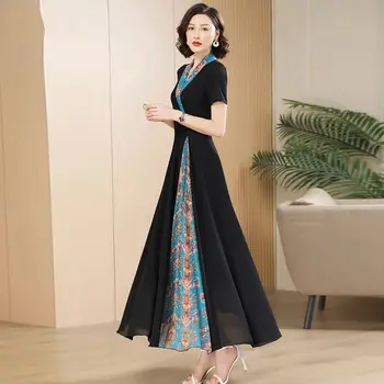 Китайский традиционный винтажный комплект hanfu, женское элегантное шифоновое платье с V-образным вырезом, винтажная элегантная одежда для вечеринок, тонкое платье трапециевидной формы