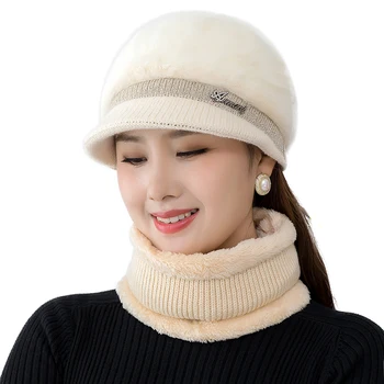 Новая высококачественная зимняя шапка из кроличьего меха для женщин, шапочки, вязаная кашемировая шапка для девочек, однотонный капор, женские зимние шапки